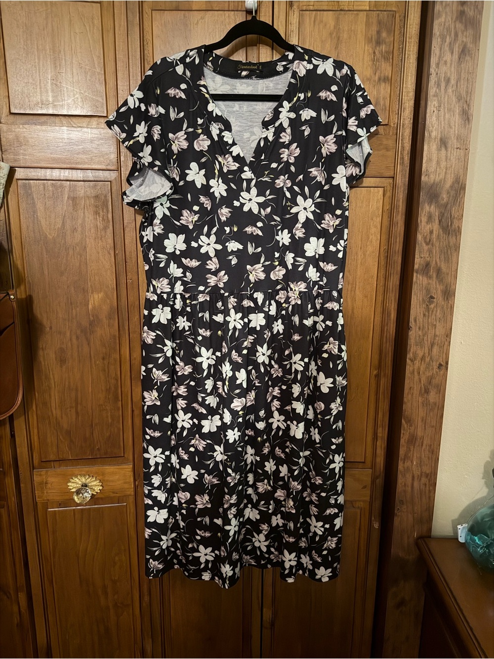 Black Floral V-Neck Midi Dress with Cap Sleeves